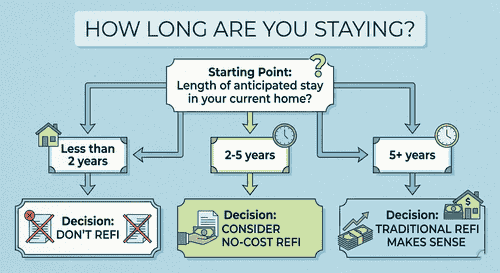 Decision tree flowchart for refinancing based on how long you plan to stay in the home