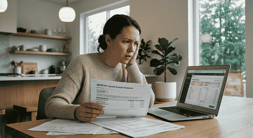 A person looking stressed at a mortgage statement showing an escrow shortage